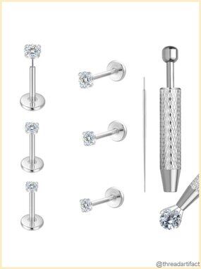 Moissanite Titanium Flat Back Stud Earrings 20G 3 Pairs